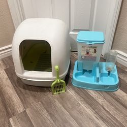 Tidy Cats Breeze Hooded Cat Litter Box  & Food/water Dispenser 