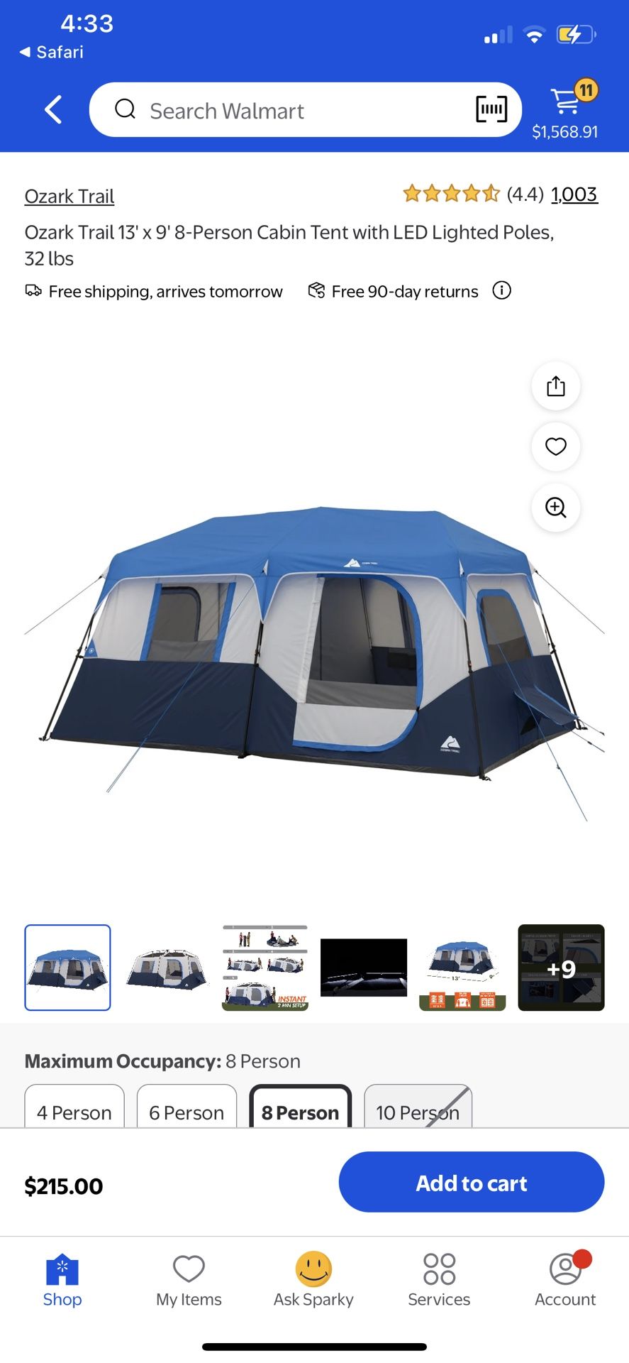 New Ozark Trail 8 Person Instant Cabin Tent W LED lights