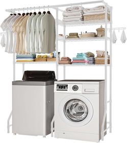 Over The Washer and Dryer Storage Shelf, 6 Tier Laundry Room Drying Rack with Hanger Rod and Hooks, Adjustable Over Washer and Dryer Shelves, Laundry 