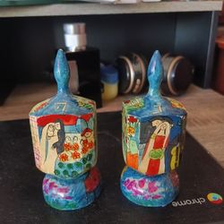 Figures in White Hand Painted Large Wooden Dreidel and matching Stand by Yair Emanuel