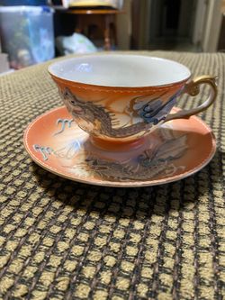 Vintage Coral Dragon Ware Tea Cup and Saucer Blue Eyes Moriage Gilded Hand Painted