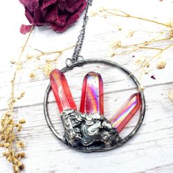 Red Aura Quartz Crystal Necklace 