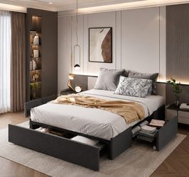 Queen bed Platform Bed Frame with 3 Storage Drawers, Fabric Upholstered, Wooden Slats Support, No Box Spring Needed, Noise Free, Easy Assembly, Dark G