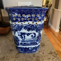 Large Ceramic Blue And White Square Decorative Vase