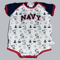 Vintage Third street snoopy “navy” bodysuit onesie paper tag size 12 months, 95% cotton & 5% spandex