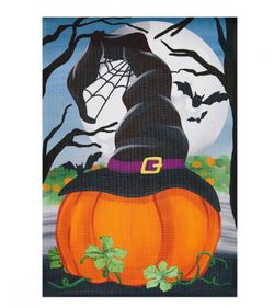 Halloween Garden Flag Pumpkin Witch Hat Bats Full Moon Burlap Decor 12x18