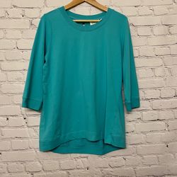 Denim & Co Women’s Active French Terry 3/4 Sleeve Top w/ Rib Trim Size M Green