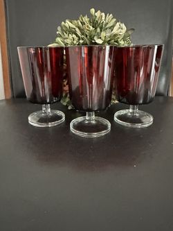 MCM "LUMINARC Verrerie d'Arques France Red Ruby Goblet Clear Tube Stem Glass Set 3