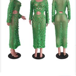 Women's Mesh Crochet Glitter Sequin Hollow Out Beach Maxi Dress Long