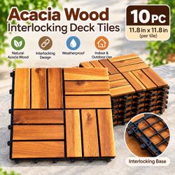 10-Pack Acacia Wood Interlocking Deck Tiles 12”x12” – Outdoor Patio Balcony Flooring