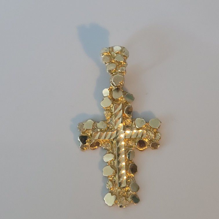 Solid 14k Yellow Gold Nugget Cross Pendant
