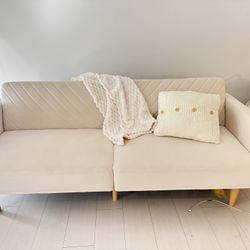 Modern Beige Sofa Bed – Convertible Couch with Wooden Legs