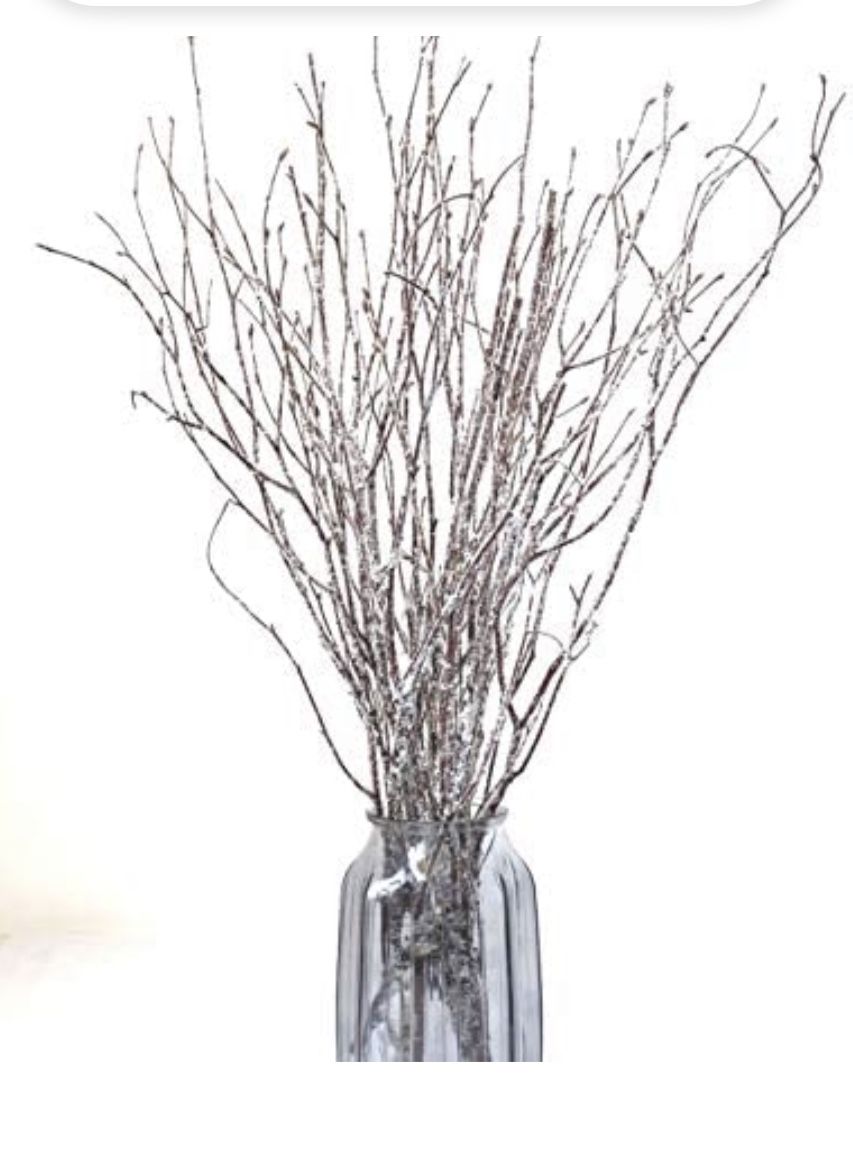Snowy White Silver Glitter Branches 1 1/2ft Tall For Floral Decor, Centerpieces, Vases