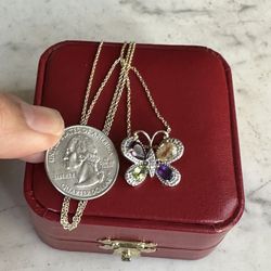 Gold Vermeil Over Sterling Silver Genuine Gemstones Butterfly 🦋 Necklace, Garnet, Peridot, Amethyst And Citrine, Designer Ross Simon, Hallmarked, 