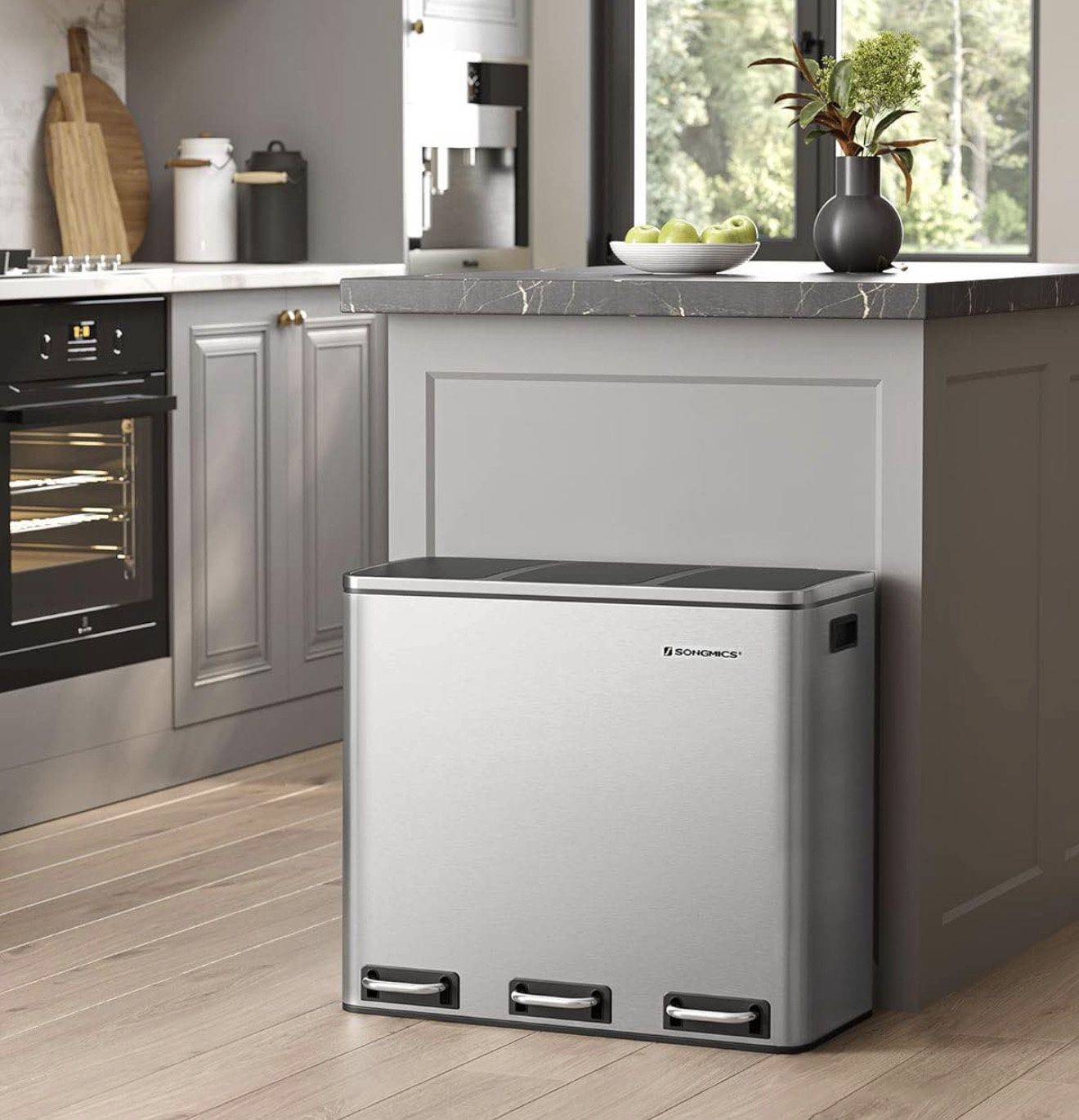 Trash Can, 3 x 4.8 Gallon Garbage Can, 14.4 Gallon Recycle Bin with Soft-Close Lids, Pedals, and Inner Buckets for Kitchen, Stainless Stee