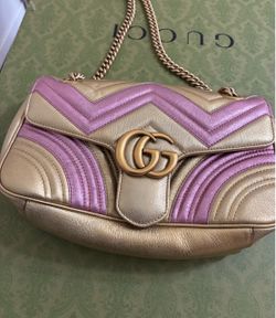 Metallic Calfskin Matelasse Mini GG Marmont Shoulder Bag Gold Pink