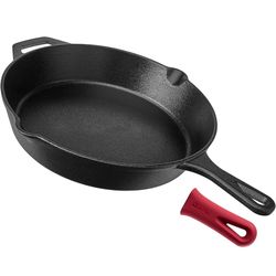 12” Pre-Seasoned Cast Iron Skillet w/ Assist Handle & Silicone Grip – Heavy Duty Fry Pan for Stove, Oven, Grill & Campfire
