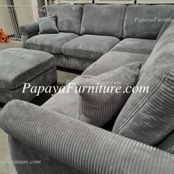 Dark Grey Sectional Sofa and Ottoman Set Couch Fabric Corner Ashley Style Modern Classic High Back Cushion Gray Green Black Ivory White Beige Big SALE