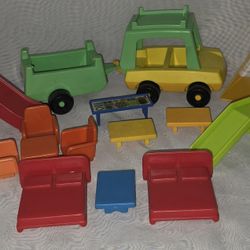 Vintage Large Lot Playskool Playset Pieces Cars Trailer Tables Chairs Beds Tent