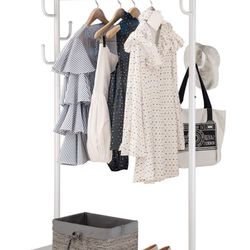 SINGAYE Clothes Rack 2-in-1 Coat Rack Rolling Garment Rack with Bottom Shelves, 7 Side Hooks, Lockable Wheels, Rolling Closet Organizer (White)