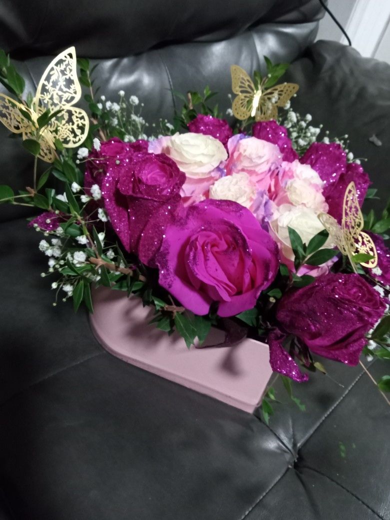 Glitter Hot Pink And Rainbow 🌈 Pink Flower ❤️ Box