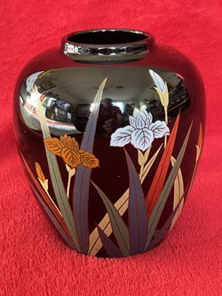 Vintage Otagiri Vase Black Iris Pattern Red Blue Gold Rim 5" HandPainted JAPAN  ‼️ MOVING SALE ‼️