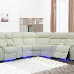 Brand New White Leather Power Reclining Sectional With Built In Cup Holders & Led Lights