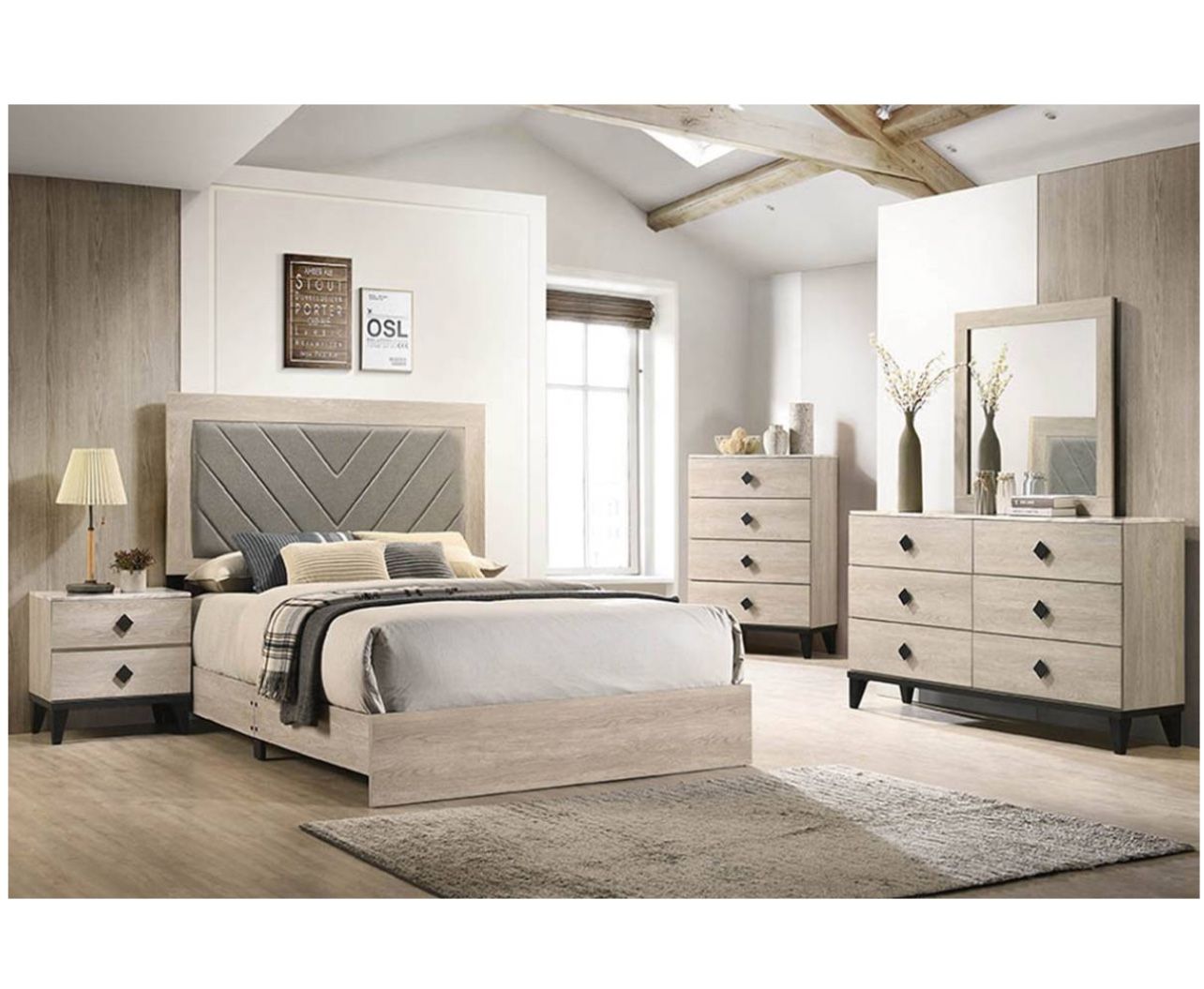 Bedroom set 4pc Queen including Q Bed Frame Dresser Mirror one Nightstand 