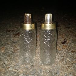 2 Antique Crystal Mixing Bottles With Brass Lids