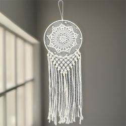 Macramé Dreamcatcher Wood Beads Natural White Crochet Boho Wall Home Decor - M/L