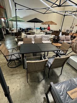 New Set of 7 Outdoor Patio Dining Table Set with 2 Swivel Chair and 4 Armchair