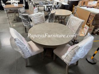 NEW Premium Quality 5 Piece Weathered Antique Gray Finish Nailhead Parson Chair Round Table Set Pedestal Base RH Style Kitchen Dining Room Discount 5P