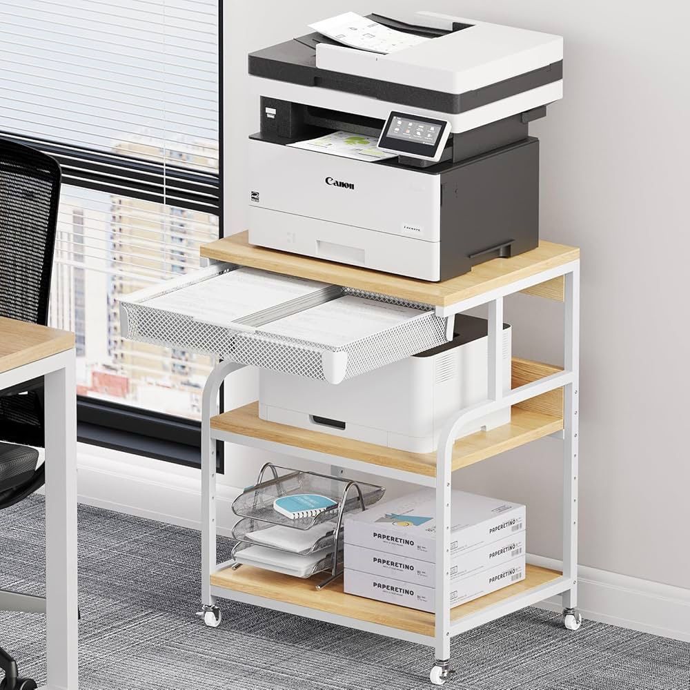 Large 3 Tier Printer Table with Wheels, 5-Adjustable Heights, Drawer & Storage for Printer Scanner Fax Home Office Use
