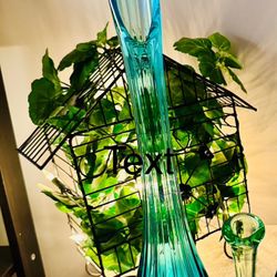 Large Glowing 17” Rare Peacock Blue Green Swung Vase