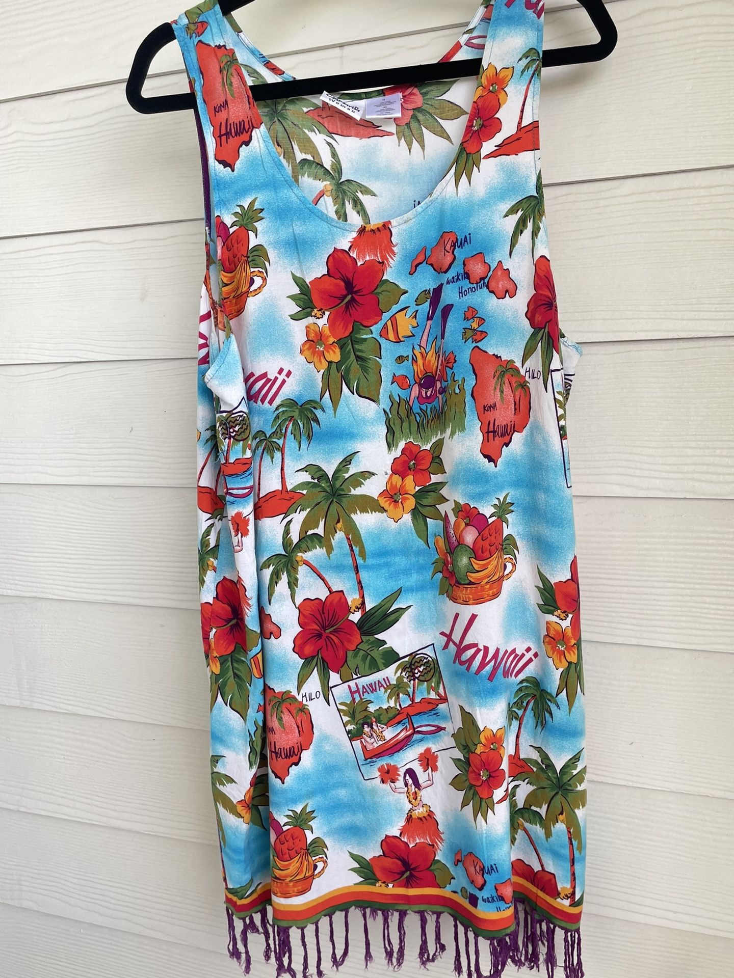 Sun Dress Hawaiian tropical floral print beach cover Fringe Dress Oversized