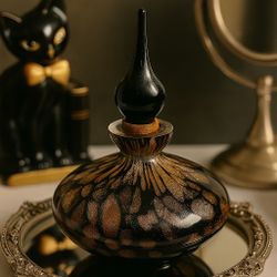 Art Glass Vintage 1990s Perfume Bottle Murano Style Aventurine Look Black Copper