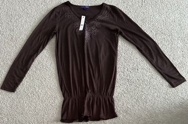 NWT Baccini Embroidered V-Neck Long Sleeve Tunic Top - Brown size M