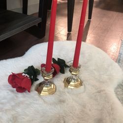 Crystal Candles Holder With Candles . Set Of 2