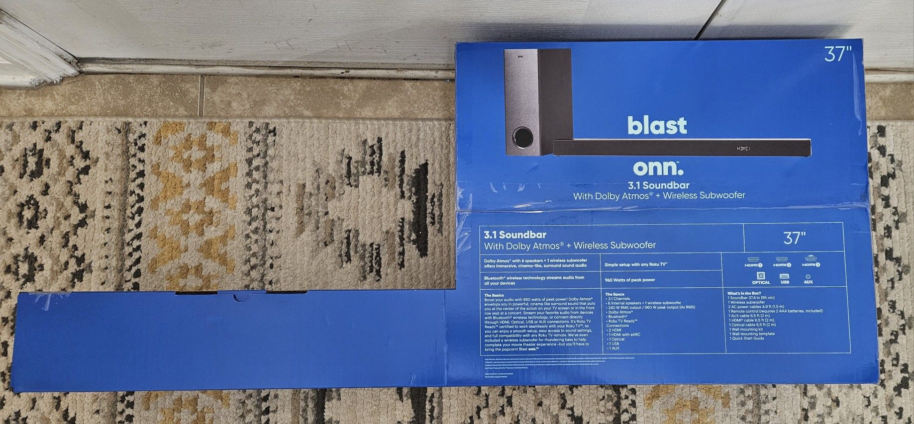 onn. 3.1 Atmos Soundbar with Wireless Subwoofer, 37" for Sale in