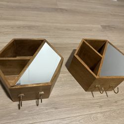 Set of 2 Vintage Wood Hexagon Wall-Mounted Cubby Shelves with Mirror & Hooks