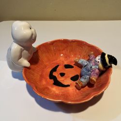 Halloween Fall Candy Dish Ceramic Pumpkin Scarecrow & Ghost Mervyn's 1999 Vtg