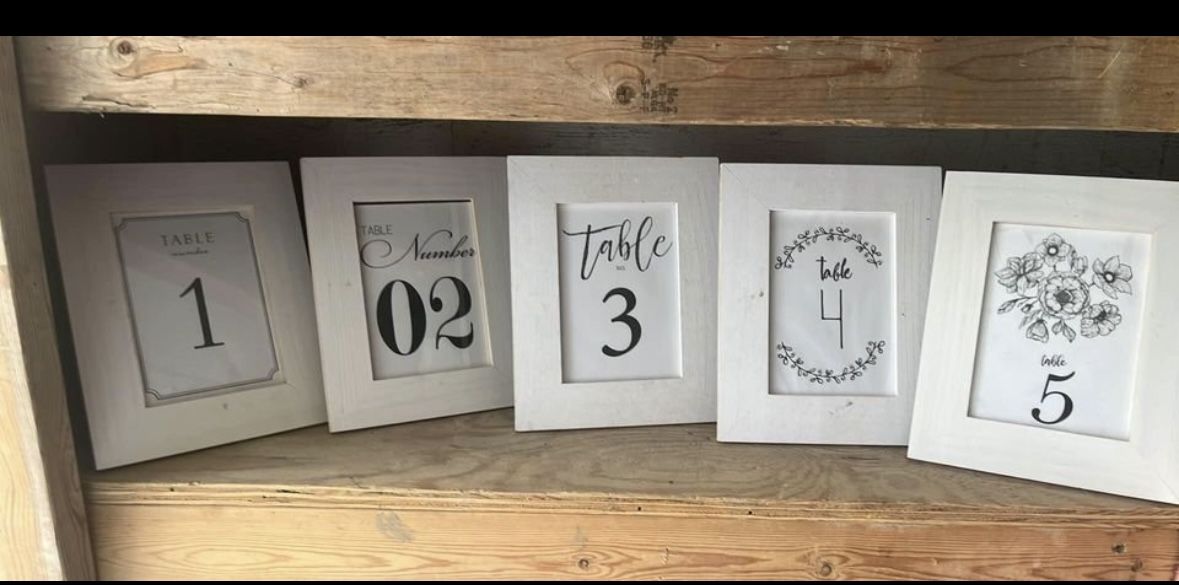 WEDDING / PARTY Set of five Framed Table Numbers -5”x 7” each individually designed.