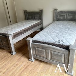 2 Solid Wood Twin Beds and 2 Mattresses