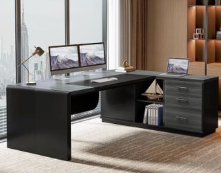 HL0403AB 80" L-Shaped Desk, Large Executive Office Desk with 55'' Drawers Cabinet
