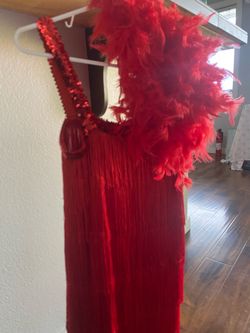 Red Sequin Fringe Dress with Feather Boa