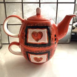 Vibrant Fun Heart 3 Piece Stackable Tea Set for 1  Teapot with Lid and Cup  No Chips No Cracks No Stains