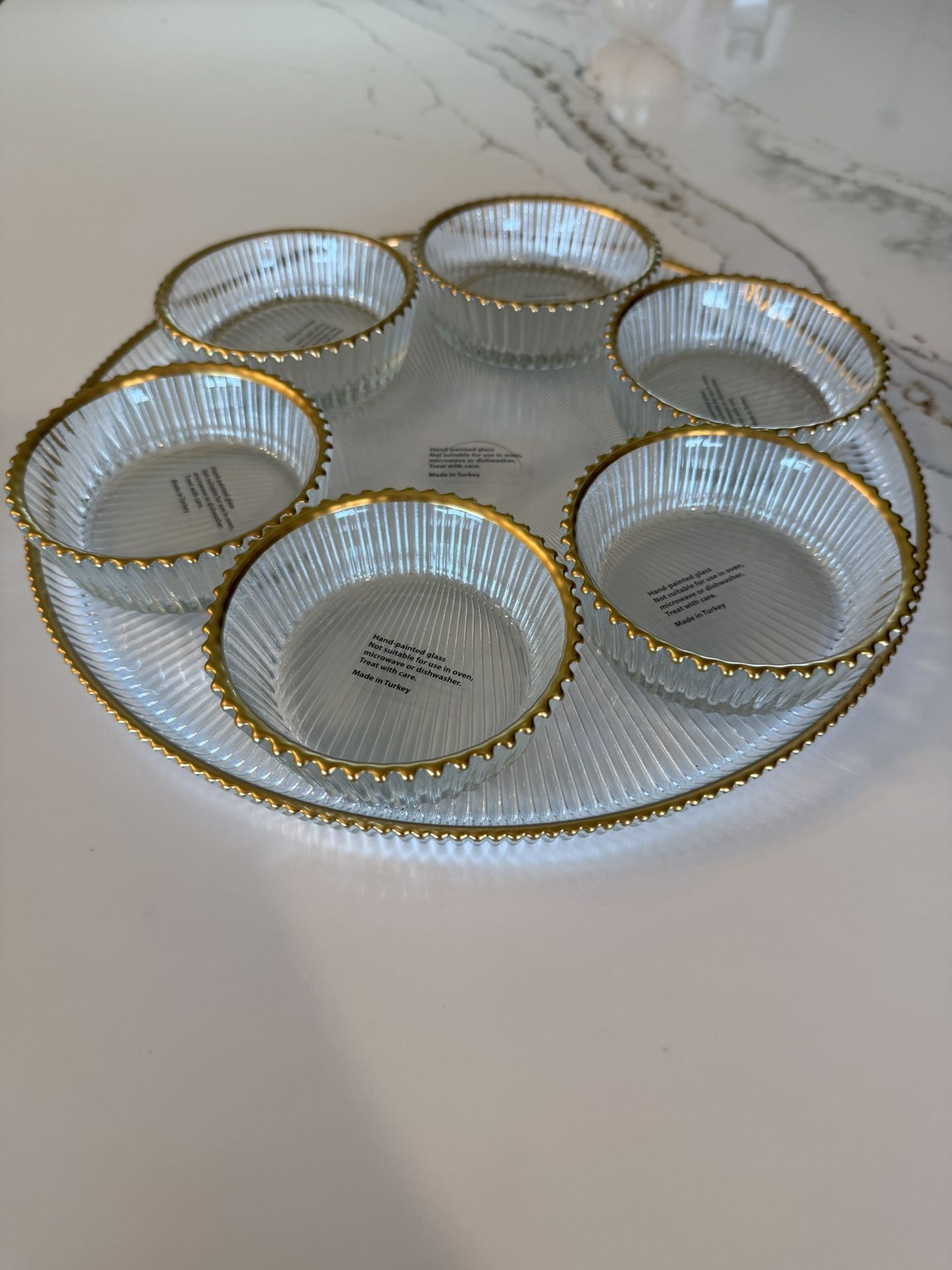Gold trim Glass Serving Tray With 6 Bowls