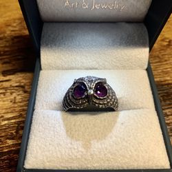  Sterling Silver Owl Ring w/ Genuine Amethyst Gemstones  
