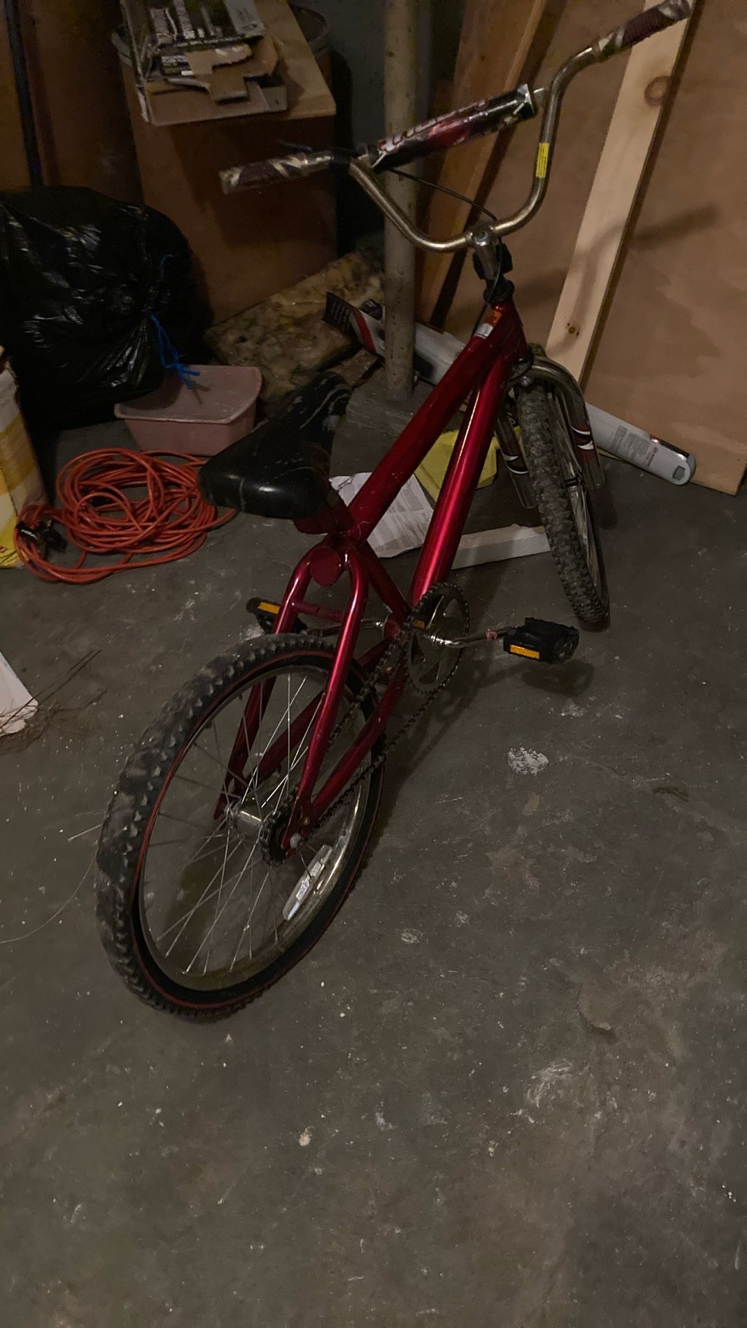 The bike is all good. It has brake brakes. It has a break with the pedals and the front tire is good, but the back tire is flat.