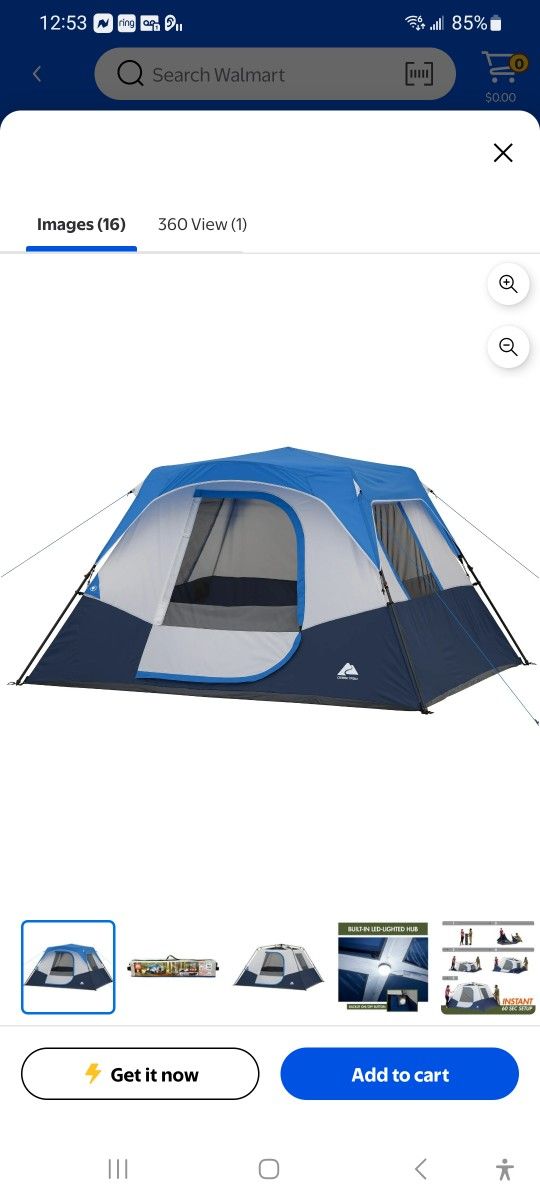 Ozark Trail 10’ x 9' 6-Person Instant Cabin Tent with LED Lighted Hub, 25 lbs